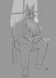  anthro canid canine canis clock clothed clothing coyote echo_(series) echo_project gintrieu hi_res male mammal open_clothing open_shirt open_topwear shirt solo suspenders tatsune the_smoke_room topwear watch william_adler wolf 