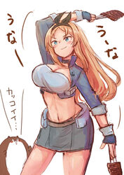  bandeau black_hairband blonde_hair blue_eyes bokukawauso breasts chopsticks cleavage commentary_request cowboy_shot cropped_jacket female fish_(food) grey_jacket grey_skirt grilled_eel hairband jacket kantai_collection large_breasts long_hair long_sleeves nelson_(kancolle) nelson_(race_queen_mode)_(kancolle) otter race_queen simple_background skirt translation_request white_background wss_(nicoseiga19993411) 