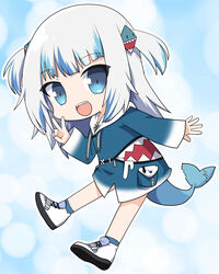  :d blue_eyes blue_hair blue_hoodie blue_socks chibi commentary_request drawstring female fins fish_tail full_body gawr_gura gawr_gura_(1st_costume) grey_hair hair_ornament hololive hololive_english hood hood_down hoodie long_hair long_sleeves looking_at_viewer multicolored_hair osaragi_mitama shark_tail sharp_teeth shoes sleeves_past_wrists smile socks solo streaked_hair tail teeth two_side_up v virtual_youtuber white_footwear 