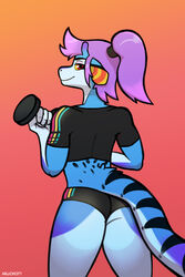  2:3 anthro arwokom ass athletic athletic_anthro athletic_female athletic_wear bright_colors dumbbell exercise female looking_at_viewer mammal scalie simple_background smile solo sport standing weights workout 