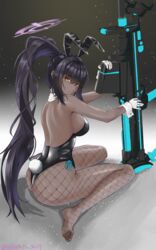  animal_ears ass bad_id bad_pixiv_id black_hair black_leotard blue_archive boys_anti_tank_rifle breasts commentary_request dark-skinned_female dark_skin detached_collar fake_animal_ears female fishnet_pantyhose fishnets from_side gloves gun hair_between_eyes high_ponytail highres holding holding_gun holding_weapon karin_(blue_archive) karin_(bunny)_(blue_archive) large_breasts leotard long_hair looking_at_viewer no_shoes official_alternate_costume pantyhose playboy_bunny sakapan seiza sideboob sitting solo strapless strapless_leotard twitter_username weapon white_gloves wrist_cuffs yellow_eyes 