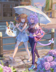  2girls :3 abs alternate_costume animal_ear_fluff animal_ears armpits bag blush bobby_pin braid breasts brown_hair cat_ears cat_tail city cleavage commentary_request cucumbear073 dog_ears dog_tail dress feet flower groceries high_heels highres hololive hydrangea inugami_korone jacket leggings legs looking_at_another medium_breasts medium_hair midriff multiple_girls nekomata_okayu open_mouth outdoors pants purple_eyes purple_hair rain sandals see-through shadow shoes shopping_bag short_hair short_twintails shoulder_bag sleeveless smile sneakers sports_bra sundress sweatpants tail thighs town twin_braids twintails umbrella virtual_youtuber 