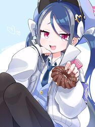  absurdres antenna_hair blue_archive blue_hair blue_necktie blush bow commentary_request doughnut female food fubuki_(blue_archive) grey_hair hair_between_eyes hair_ornament hairbow hairclip hat heart heart_hair_ornament high_collar highres holding holding_food jacket long_hair long_sleeves looking_at_viewer marui_kado multicolored_hair necktie open_mouth pantyhose red_eyes school_uniform shirt simple_background solo streaked_hair twintails twitter_username two-tone_background very_long_hair white_bow white_jacket white_shirt 