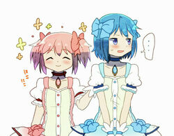  ... 2girls ^_^ alternate_color arm_at_side bad_id bad_pixiv_id blue_eyes blue_hair blue_ribbon blush buttons choker closed_eyes closed_mouth collarbone commentary_request cosplay dot_nose embarrassed flat_chest floral_background flower frown hair_ribbon half-closed_eyes hand_on_another&#039;s_back happy height_difference kaname_madoka kaname_madoka_(cosplay) kaname_madoka_(magical_girl) kirikuchi_riku looking_away magical_girl mahou_shoujo_madoka_magica mahou_shoujo_madoka_magica_(anime) miki_sayaka multiple_girls nervous open_mouth pink_hair pink_ribbon puffy_short_sleeves puffy_sleeves red_choker ribbon short_hair short_sleeves short_twintails side-by-side simple_background smile soul_gem spoken_ellipsis standing sweatdrop thought_bubble twintails upper_body v_arms white_background yellow_flower 