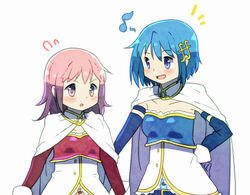  +++ 2girls :d alternate_color alternate_hairstyle arms_at_sides bad_id bad_pixiv_id belt blue_eyes blue_hair blush breasts cape collarbone commentary_request cosplay detached_sleeves dot_nose eighth_note flying_sweatdrops fortissimo frown gloves hair_down hair_ornament hairclip hand_on_another&#039;s_back hand_on_own_hip happy height_difference kaname_madoka kirikuchi_riku looking_at_another looking_away magical_girl mahou_shoujo_madoka_magica mahou_shoujo_madoka_magica_(anime) medium_breasts medium_hair miki_sayaka miki_sayaka_(cosplay) miki_sayaka_(magical_girl) multiple_girls musical_note musical_note_hair_ornament open_mouth parted_lips pink_eyes pink_hair short_hair side-by-side simple_background small_breasts smile soul_gem standing strapless upper_body v-shaped_eyebrows white_background white_cape white_gloves 