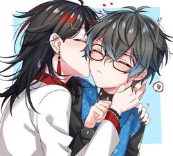  2boys beads black_hair black_shirt blue_hair blue_scarf closed_eyes earrings glass glasses grey_hair hair_between_eyes ike_eveland jewelry kissing kissing_cheek kokuchuutei long_hair long_sleeves male_focus multicolored_hair multiple_boys nijisanji nijisanji_en red_hair scarf shirt short_hair virtual_youtuber vox_akuma white_shirt 