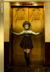  artist_name black_footwear black_gloves black_hair black_thighhighs blunt_bangs bob_cut brown_eyes brown_skirt closed_mouth collar commentary_request cover cover_page cropped dated earrings elevator elevator_door female full_body gloves headdress high-waist_skirt indoors jewelry long_sleeves looking_at_viewer marble_(stone) murata_range necklace original outstretched_arms shirt shoes short_hair skirt solo stone_floor straight-on thighhighs white_shirt zettai_ryouiki 