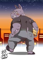  2020 anthro ass blush bottomwear bulge bumomomoboa clothing hi_res kemono male mammal night outside overweight overweight_anthro overweight_male pants scar shirt solo star topwear 