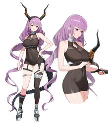  absurdly_long_hair absurdres arknights asymmetrical_legwear black_dress black_socks black_thighhighs breasts commentary cropped_legs dragon_girl dragon_horns dragon_tail dress english_commentary fake_horns female frown grey_footwear high_heels highres horns horns_removed jason_kim large_breasts long_hair mismatched_legwear multiple_views parted_lips red_eyes sidelocks simple_background socks tail thigh_strap thighhighs twintails typhon_(arknights) very_long_hair white_background 