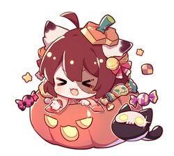  &gt;_&lt; :d ahoge animal_ear_fluff animal_ears bell bow brown_hair brown_kimono candy_wrapper cat_ears checkerboard_cookie chibi closed_eyes commentary_request cookie earrings feline female flot food hair_bell hair_ornament hairbow halloween halloween_bucket ichihime japanese_clothes jewelry jingle_bell jingle_bell_earrings kimono long_sleeves mahjong_soul oerba_yun_fang open_mouth red_bow simple_background smile solo star_(symbol) stitches white_background wide_sleeves xd 