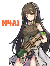  armband bad_gun_anatomy black_hair black_panties blush breasts character_name closed_mouth clothes_around_waist cursed_m4a1_(meme) female girls&#039;_frontline gloves green_vest grey_gloves gun headset highres jacket jacket_around_waist leotard leotard_sweater long_hair looking_at_viewer m4a1_(girls&#039;_frontline) mask medium_breasts meme multicolored_hair omurainu panties ribbed_leotard simple_background skull_mask solo streaked_hair underwear vest weapon white_background yellow_eyes 