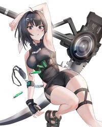  arknights arm_up armpits beruko14 black_eyes black_gloves black_hair breasts female fingerless_gloves gloves hair_intakes hair_ornament highres la_pluma_(arknights) looking_at_viewer medium_breasts medium_hair scythe short_shorts shorts simple_background solo thigh_strap thighs weapon white_background 