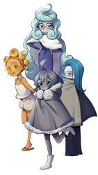  4girls :d ahoge arms_behind_back black_dress black_eyes blue-framed_eyewear blue_dress blue_hair boots cape castform castform_(normal) castform_(rainy) castform_(snowy) castform_(sunny) colored_skin dress flat_chest flower fur_trim glasses grey_cloak grey_shorts grey_skin hair_flower hair_ornament hair_over_one_eye hands_on_own_hips highres light_blue_hair long_hair looking_at_viewer multiple_girls open_mouth orange-framed_eyewear orange_hair personification pokemon sandals shorts simple_background smile standing standing_on_one_leg tamtamdi tan wavy_hair white-framed_eyewear white_background 