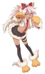  animal_ears animal_hands bell black_skirt black_thighhighs bow cat_ears chloe_von_einzbern chloe_von_einzbern_(beast_style) commentary_request dark-skinned_female dark_skin fate/kaleid_liner_prisma_illya fate_(series) female fur-trimmed_skirt fur_trim gloves hairbow official_art paw_gloves pubic_tattoo simple_background skirt solo tattoo thighhighs 