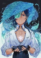  1boy bird black_gloves black_pants blue_eyes blue_hair dark-skinned_male dark_skin earrings fingerless_gloves genshin_impact gloves hair_between_eyes hair_over_shoulder highres jewelry kaeya_(genshin_impact) long_hair long_sleeves looking_at_viewer male_focus one_eye_covered open_clothes open_shirt own_hands_together pants parted_lips peacock peacock_feathers pectorals ponytail puffy_long_sleeves puffy_sleeves shirt single_earring sleeves_rolled_up solo spiked_gloves upper_body vizerothree white_shirt 