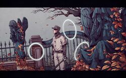  1boy add-on_(off) angel_statue autumn_leaves baseball_bat baseball_cap baseball_uniform black_border black_hat border commentary fence gate gloves hat holding holding_baseball_bat leaf letterboxed male_focus off_(game) pants shaded_face solo sportswear statue the_batter_(off) tree wenny02 