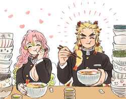  1boy :t ^_^ black_jacket blonde_hair blush bowl bowl_stack braid breasts chopstick_rest chopsticks cleavage closed_eyes closed_mouth colored_tips cup demon_slayer_uniform eating facing_viewer female food forked_eyebrows gradient_hair green_hair green_tea hand_up happy heart holding holding_bowl holding_chopsticks illiillllililll jacket kanroji_mitsuri kimetsu_no_yaiba long_hair long_sleeves medium_hair mole mole_under_eye multicolored_hair noodles pink_hair red_hair rengoku_kyoujurou shirt shrimp shrimp_tempura side-by-side smile streaked_hair table tea tempura twin_braids twintails two-tone_hair unbuttoned unbuttoned_shirt unworn_cape unworn_jacket upper_body white_background white_shirt yunomi 