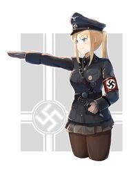  absurdres armband black_hat black_jacket black_pantyhose blonde_hair blue_eyes commentary_request dagger female germany hat highres holding holding_dagger holding_knife holding_weapon jacket knife long_sleeves microskirt military military_uniform nazi obersturmfuhrer original pantyhose peaked_cap pleated_skirt salute scabbard sheath sheathed skirt smile solo straight-arm_salute swastika unicron_(brous) uniform waffen-ss weapon world_war_ii 