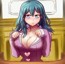  april_may april_may_(cosplay) aqua_hair blue_eyes blush breasts buttons byleth_(female)_(fire_emblem) byleth_(fire_emblem) cleavage collarbone cosplay female fire_emblem fire_emblem:_three_houses gyakuten_saiban heart_button jeannie_tirado looking_at_viewer paw_pose phoenix_wright:_ace_attorney solo upper_body voice_actor_connection 