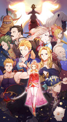  1other ambiguous_gender bad_id bad_pixiv_id bare_shoulders blonde_hair blue_eyes breasts celes_chere closed_mouth cyan_garamonde detached_sleeves dissidia_final_fantasy dissidia_final_fantasy_opera_omnia dress earrings edgar_roni_figaro elbow_gloves final_fantasy final_fantasy_vi gau gloves gogo green_eyes highres jewelry kefka_palazzo locke_cole long_hair looking_at_viewer mog moogle multiple_boys multiple_girls pantyhose ponytail relm_arrowny sabin_rene_figaro setzer_gabbiani shadow_(ff6) smile strago_magus sword terra_branford umaro weapon yawai_tofu 