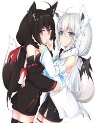  2girls absurdres ahoge animal_ear_fluff animal_ears biting black_hair black_hoodie black_shorts black_sleeves black_vs_white blush braid commentary detached_sleeves earrings finger_biting finger_to_another&#039;s_cheek fox_ears fox_girl fox_tail green_eyes hair_between_eyes hair_ribbon hand_on_another&#039;s_hip highres hololive hood hoodie jewelry kurokami_fubuki long_hair looking_at_viewer multiple_girls otaku_heishi pentagram protected_link red_eyes ribbon shirakami_fubuki shirakami_fubuki_(1st_costume) short_shorts shorts sidelocks simple_background single_braid single_thighhigh smile symbol-only_commentary tail thigh_strap thighhighs virtual_youtuber white_background white_hair white_hoodie white_sleeves 