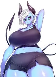  arm_behind_back belly black_horns black_sclera black_shorts black_tank_top blue_skin blush breasts colored_sclera colored_skin demon_girl demon_tail eyebrows female from_below green_eyes highres horns huge_breasts musuko_ga_kawaikute_shikatanai_mazoku_no_hahaoya navel shorts tail tank_top teresa_(mazohaha) thick_thighs thighs translation_request white_hair zyugoya 