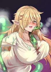  bad_id bad_twitter_id blonde_hair blush breasts breath colored_skin elf female genderswap_(mtf) green_eyes green_skin hair_ornament hair_over_one_eye ishuzoku_reviewers kouji_(kari) large_breasts long_hair lymee open_mouth pointy_ears rule_63 shirt slime_(substance) smile tentacle x_hair_ornament zel_(ishuzoku_reviewers) zellie 