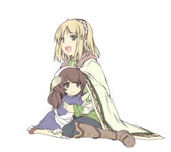  2girls :d apron arm_up black_eyes black_pants blonde_hair blouse blue_dress bob_cut boots brown_footwear brown_hair brown_scarf c: cayna_(leadale_no_daichi_nite) cloak closed_mouth dot_nose dress earrings elf flats floating_hair frills from_side full_body green_eyes green_shirt hairband hand_on_another&#039;s_head hand_up hatching_(texture) head_scarf highres hug jewelry knee_boots leadale_no_daichi_nite light_blush linear_hatching lolicon long_hair long_sleeves looking_at_viewer looking_to_the_side low_ponytail lytt_(leadale_no_daichi_nite) maid maid_apron medium_hair mismatched_earrings multiple_girls no_socks official_art open_mouth pants pants_tucked_in petticoat pointy_ears round_teeth scarf shirt shoes side_ponytail simple_background sitting sleeves_past_elbows smile straight_hair swept_bangs tareme teeth tenmaso unfinished upper_teeth_only wariza white_apron white_background white_cloak white_hairband white_headwear 