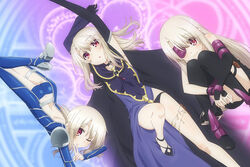  3girls arm_up ass bare_legs bare_shoulders black_gloves black_thighhighs blonde_hair blue_bodysuit blue_panties bodysuit boots closed_mouth commentary_request cosplay cu_chulainn_(fate) cu_chulainn_(fate/stay_night) cu_chulainn_(fate/stay_night)_(cosplay) elbow_gloves eyepatch fate/kaleid_liner_prisma_illya fate_(series) gloves hair_between_eyes hand_on_own_arm high_heel_boots high_heels illyasviel_von_einzbern light_smile long_hair looking_at_viewer lying medea_(fate) medea_(fate)_(cosplay) medusa_(fate) medusa_(rider)_(fate) medusa_(rider)_(fate)_(cosplay) multiple_girls multiple_persona official_art on_stomach one_eye_closed one_eye_covered panties red_eyes thighhighs thighs underwear v white_hair 