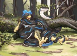  2021 3_toes alfas animated anthro avian beak bird black_body black_feathers black_scales blue_beak blue_body blue_hair blue_scales coiling day dk_(herrjackal) duo falcon falconid feathers feet forest grass green_eyes hair kobada log male male/male multicolored_body multicolored_scales nature nude outside plant python_yuanty reptile scales scalie short_playtime snake toes tree white_body white_scales wood yellow_beak yellow_body yellow_skin 