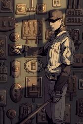  1boy baseball_bat baseball_cap baseball_uniform belt closed_mouth commentary dial gloves hat holding holding_baseball_bat light_switch male_focus off_(game) pants shade shaded_face shadow solo sportswear switch the_batter_(off) wenny02 