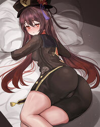  ass bed_sheet black_shorts blush breasts brown_hair cla_(finesoda) commentary female genshin_impact half-closed_eyes hat hu_tao_(genshin_impact) hugging_object long_sleeves looking_at_viewer on_bed pillow pillow_hug red_eyes shorts small_breasts twintails 