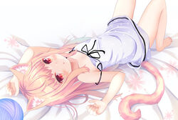  animal_ear_fluff animal_ears bad_id bad_twitter_id bare_legs bare_shoulders barefoot blonde_hair cat_ears cat_girl cat_tail chemise female flat_chest inactive_account long_hair looking_at_viewer lying on_back original parted_lips red_eyes solo strap_slip tail umi_suzume yarn yarn_ball 