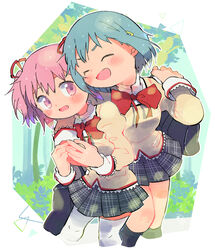  2girls arm_around_shoulder bad_id bad_pixiv_id bag black_legwear black_skirt blue_hair blush blush_stickers carrying carrying_over_shoulder cheek-to-cheek closed_eyes commentary_request dot_nose feet_out_of_frame floating_hair hair_ornament hair_ribbon hairclip heads_together hug hug_from_behind juliet_sleeves kaname_madoka kirikuchi_riku long_sleeves looking_at_another mahou_shoujo_madoka_magica mahou_shoujo_madoka_magica_(anime) miki_sayaka mitakihara_school_uniform multiple_girls neck_ribbon open_mouth parted_lips pink_eyes pink_hair plaid plaid_skirt pleated_skirt puffy_sleeves red_ribbon ribbon school_bag school_uniform short_hair short_twintails skirt standing thighhighs twintails uniform white_legwear 