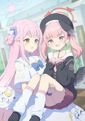  2girls angel_wings bad_id bad_twitter_id beret black_cardigan black_footwear black_headwear black_wings blue_archive blue_ribbon blurry blurry_background capelet cardigan carrying collarbone commentary day feathered_wings flower hair_bun hair_flower hair_ornament halo hat head_wings highres kneehighs koharu_(blue_archive) loafers long_hair loose_socks medium_hair mika_(blue_archive) multiple_girls neck_ribbon neckerchief off_shoulder open_mouth outdoors pink_eyes pink_hair pink_neckerchief pleated_skirt princess_carry red_skirt ribbon sailor_collar scraped_knee scrunchie shoes single_side_bun skirt socks thighs twintails tyakomis very_long_hair wavy_mouth white_capelet white_sailor_collar white_socks white_wings wings wrist_scrunchie yellow_eyes yuri 