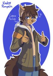  absurd_res anthro bare_chest blue_eyes bottomless bottomwear brown_body brown_fur brown_hair brown_nose bulge canid canine canis clothed clothing collarbone denim denim_bottomwear denim_clothing eyebrows finger_gun fluffy fluffy_ears fur gesture hair hand_gesture head_tuft hi_res hoodie hoodie_only jacket_only jeans lance_(voltron) leggings legwear long_tail looking_at_viewer male mammal nekopumpkin pants raised_eyebrow simple_background solo tail tan_body tan_fur teeth topwear topwear_only tuft 