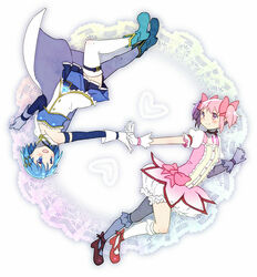  2girls :d bad_id bad_pixiv_id belt blue_eyes blue_footwear blue_hair blue_skirt blush boots bubble_skirt cape choker circle collarbone commentary_request detached_sleeves dot_nose flat_chest fortissimo frilled_skirt frills full_body gloves hair_ornament hair_ribbon hairclip hand_up happy heart heart_background holding_hands kaname_madoka kaname_madoka_(magical_girl) kirikuchi_riku leg_up looking_at_another magical_girl mahou_shoujo_madoka_magica mahou_shoujo_madoka_magica_(anime) miki_sayaka miki_sayaka_(magical_girl) multiple_girls musical_note musical_note_hair_ornament open_mouth outstretched_arm pink_eyes pink_hair pink_ribbon puffy_short_sleeves puffy_sleeves red_footwear ribbon short_hair short_sleeves short_twintails sidelocks simple_background skirt smile socks soul_gem strapless thighhighs twintails upside-down white_background white_cape white_legwear white_skirt 