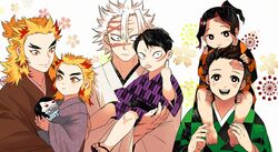  6+boys :d :p age_switch aged_down aged_up barefoot black_hair blonde_hair brown_hair brown_kimono carrying character_doll checkered_clothes child_carry colored_tips earrings father_and_son forked_eyebrows green_kimono grey_kimono hanafuda_earrings hand_on_another&#039;s_head highres holding holding_toy japanese_clothes jewelry kamado_tanjirou kamado_tanjurou kimetsu_no_yaiba kimono korean_commentary lolicon long_sleeves looking_at_another looking_at_viewer looking_away male_focus medium_hair middle_finger multicolored_hair multiple_boys orange_kimono purple_kimono red_hair rengoku_kyoujurou rengoku_shinjurou scar scar_on_face scar_on_forehead scar_on_nose shinazugawa_kyougo shinazugawa_sanemi short_hair shoulder_carry smile streaked_hair tongue tongue_out toy umu_umu_0 white_background white_hair white_kimono 