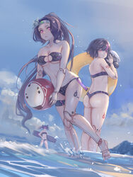  3girls absurdres android ass assault_visor back ball barefoot beach beachball bikini black_hair breasts cloud countdown_timer day doll_joints feet girls&#039;_frontline goliath_(girls&#039;_frontline) guard_(girls&#039;_frontline) helmet highres holding holding_helmet innertube insignia jaeger_(girls&#039;_frontline) joints long_hair looking_back medium_breasts multicolored_hair multiple_girls nail_polish number_tattoo outdoors pink_eyes pink_hair purple_hair sangvis_ferri short_hair short_twintails smile streaked_hair swim_ring swimsuit tattoo toenail_polish toenails toes twintails unworn_headwear unworn_helmet very_long_hair vespid_(girls&#039;_frontline) water xyufsky 