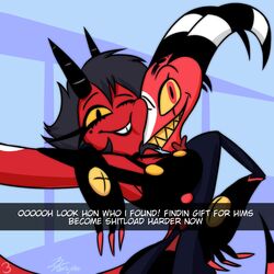  1:1 2023 anthro black_hair blitzo_(helluva_boss) breasts clothed clothing cuckold demon demon_humanoid detailed_background duo english_text female hair helluva_boss hi_res horn humanoid imp kojot male male/female millie_(helluva_boss) open_mouth open_smile red_body red_eyes smile snapchat teeth text thick_thighs yellow_sclera 