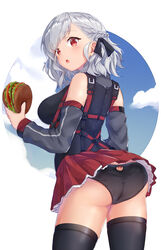  absurdres ass bare_shoulders black_jacket black_panties black_ribbon black_thighhighs blush braid breasts burger clothing_cutout commentary_request day detached_sleeves female food from_behind from_below girls&#039;_frontline grey_hair grey_shirt grey_sleeves hair_ribbon highres holding holding_food jacket large_breasts long_sleeves looking_at_viewer looking_back miniskirt open_mouth panties pleated_skirt ponta_(velmar) red_eyes red_skirt ribbon shirt skirt solo spas-12_(girls&#039;_frontline) thighhighs underwear 