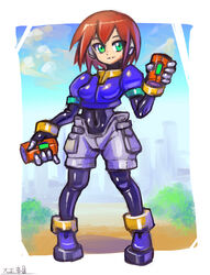  aile_(mega_man_zx) bodysuit breasts brown_hair closed_mouth commentary_request female gloves green_eyes highres layered_sleeves long_sleeves looking_at_viewer mega_man_(series) mega_man_zx oomasa_teikoku pantyhose_under_shorts robot_ears short_hair short_over_long_sleeves short_sleeves shorts skin_tight smile solo spandex 