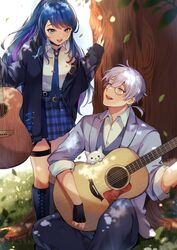  1boy bad_id bad_twitter_id blue_eyes blue_hair collared_shirt emerson_key feline female glasses guitar highres holding holding_instrument indie_virtual_youtuber instrument long_hair multicolored_hair nana_asteria purple_hair school_uniform serafuku shirt virtual_youtuber wawatiku white_hair 