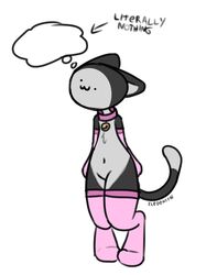  ambiguous_gender anthro arm_warmers armwear bell bell_collar brainless clothing collar digital_media_(artwork) domestic_cat eledensfw felid feline felis footwear fur head_empty hi_res mammal multicolored_body multicolored_fur nude pink_clothing pink_collar pink_footwear pink_socks silly silly_face simple_background simple_face socks solo text thick_thighs 