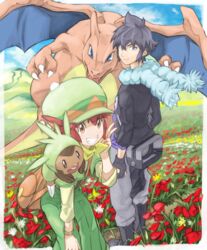  1boy :d alain_(pokemon) bad_id bad_pixiv_id bag black_footwear black_gloves blue_eyes blue_sky boots bracelet brown_eyes charizard chespin claws cloud cloudy_sky commentary_request day dragon female fingerless_gloves flat_chest flower flying gloves grass green_pants grey_pants grin happy hat ikki_(degutaro_) jewelry looking_at_viewer mairin_(pokemon) on_shoulder open_mouth outdoors pants pokemon pokemon_(anime) pokemon_(creature) pokemon_on_shoulder pokemon_xy_(anime) sky smile v 