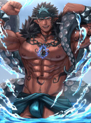  1boy abs alternate_costume arm_tattoo artist_name bara biceps black_hair blue_hair bracelet dark-skinned_male dark_skin double_biceps_pose ear_piercing earrings facial_tattoo feet_out_of_frame flexing headband highres jewelry large_pectorals loincloth looking_at_viewer male_focus manly mature_male mitsu_qo multicolored_hair muscular muscular_male necklace nipples open_mouth outdoors pectorals piercing pointy_ears pose signature solo spiked_hair stomach_tattoo tangaroa_(housamo) tangaroa_mugen_(housamo) tattoo teeth tentacle thick_arms tokyo_afterschool_summoners tongue topless_male veins veiny_arms water 