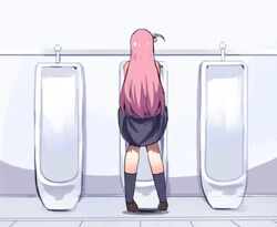  bocchi_the_rock! brown_footwear clothes_lift commentary cube_hair_ornament english_commentary female from_behind gotoh_hitori hair_ornament highres hinghoi implied_futanari kneehighs lifting_own_clothes long_hair pink_hair pun skirt skirt_lift socks solo standing urinal 