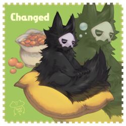  1:1 3_fingers alpha_channel anthro bag biped biyabon black_body black_ears black_fur black_tail blowup_background bubble canid canine canis changed_(video_game) closed_eyes digital_media_(artwork) english_text fingers fluffy fluffy_tail food fruit full-length_portrait fur glistening glistening_body glistening_fur green_background head_tuft hi_res kemono male male_anthro mammal mask monotone_body monotone_fur monotone_tail nude paws pillow plant portrait puro_(changed) shaded side_view simple_background sitting skull_mask sleeping solo tail tangerine_(fruit) text tuft white_eyes wolf 