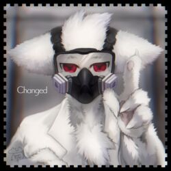  1:1 4_fingers anthro biped biyabon blurred_background bust_portrait canid canine changed_(video_game) chest_tuft claws clothed clothing coat detailed_background digital_media_(artwork) dr._k_(changed) english_text finger_claws fingers fluffy fluffy_chest fluffy_ears front_view fur gas_mask gesture head_tuft hi_res humanoid_hands inside kemono lab_coat looking_at_viewer male mammal mask monotone_body monotone_fur pawpads pink_pawpads portrait red_eyes solo standing text topwear tuft white_body white_claws white_clothing white_ears white_fur white_topwear 