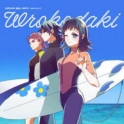  2boys ;) alternate_hairstyle black_hair blue_eyes blue_sky blurry bodysuit breasts carrying carrying_under_arm character_name contemporary cowboy_shot day depth_of_field diving_suit female flipped_hair fox_shadow_puppet from_side hand_up holding holding_surfboard horizon kimetsu_no_yaiba kozenini lineup long_hair looking_at_viewer makomo_(kimetsu) multiple_boys ocean one_eye_closed pink_hair ponytail profile sabito_(kimetsu) short_hair short_sleeves skateboard sky smile surfboard tomioka_giyuu wetsuit 